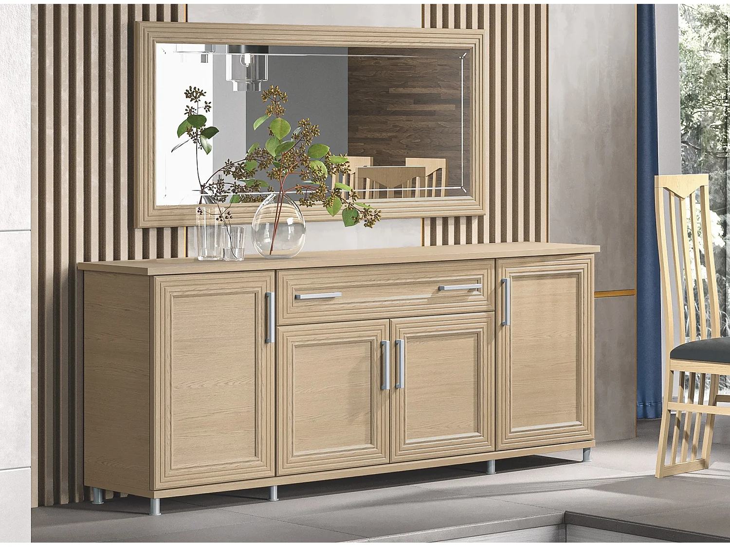 Buffet moderne 4 portes 1 tiroir chêne clair Italino 206cm