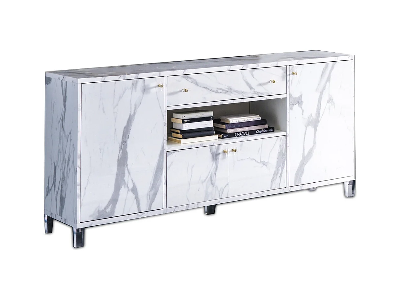 Buffet 4 portes 1 tiroir bois blanc effet marbre vernis Botela 190cm