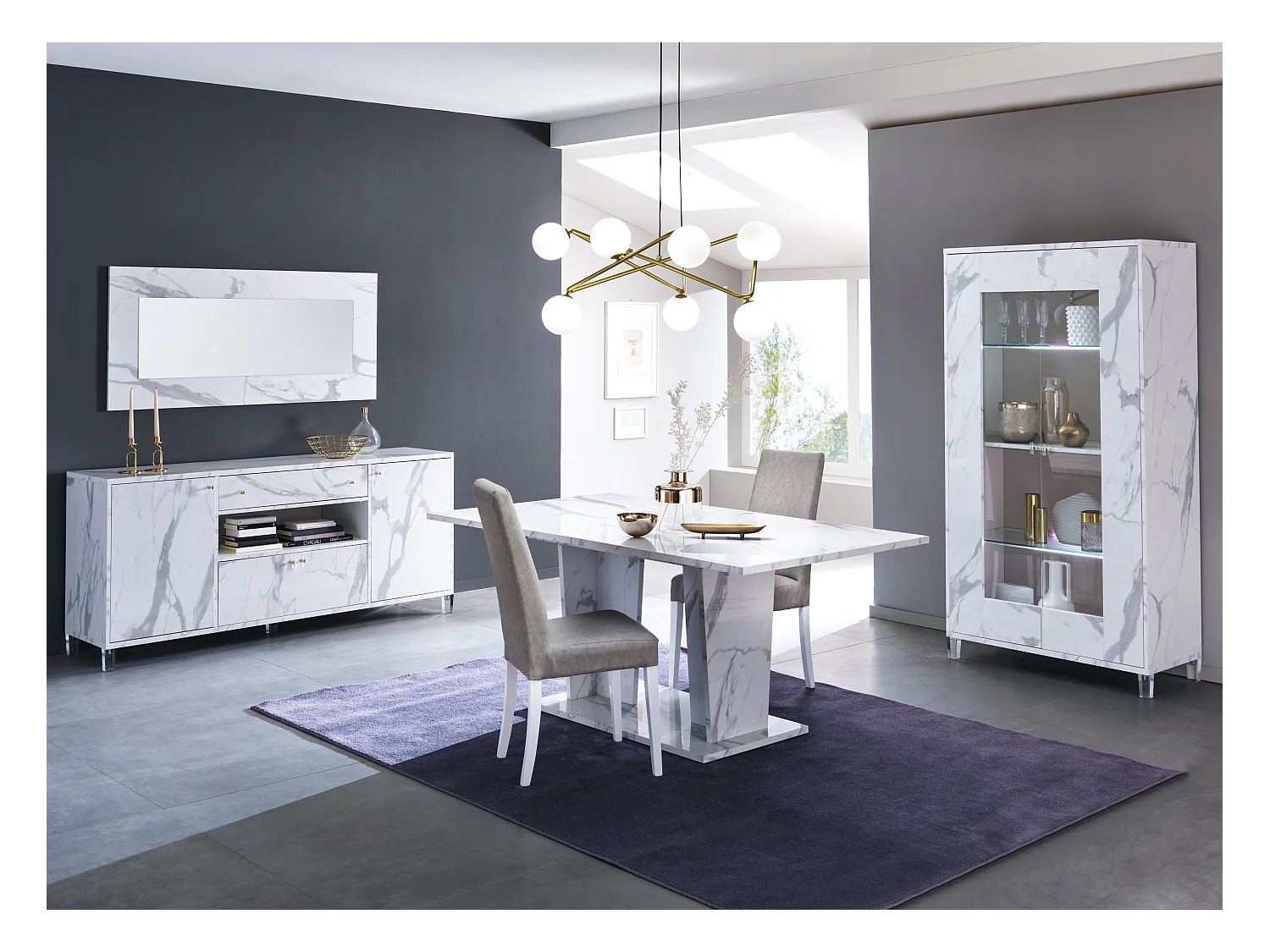 Buffet 4 portes 1 tiroir bois blanc effet marbre vernis Botela 190cm