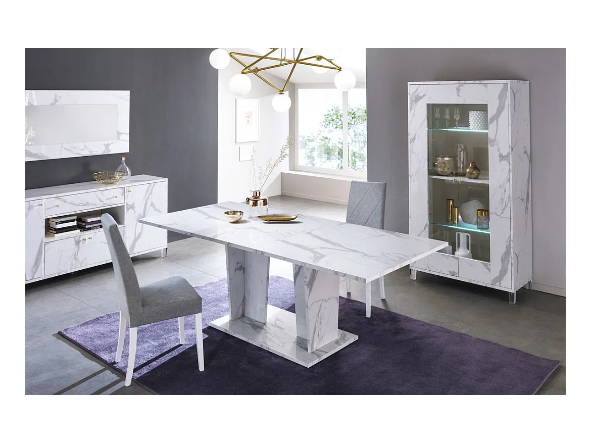 Buffet 4 portes 1 tiroir bois blanc effet marbre vernis Botela 190cm