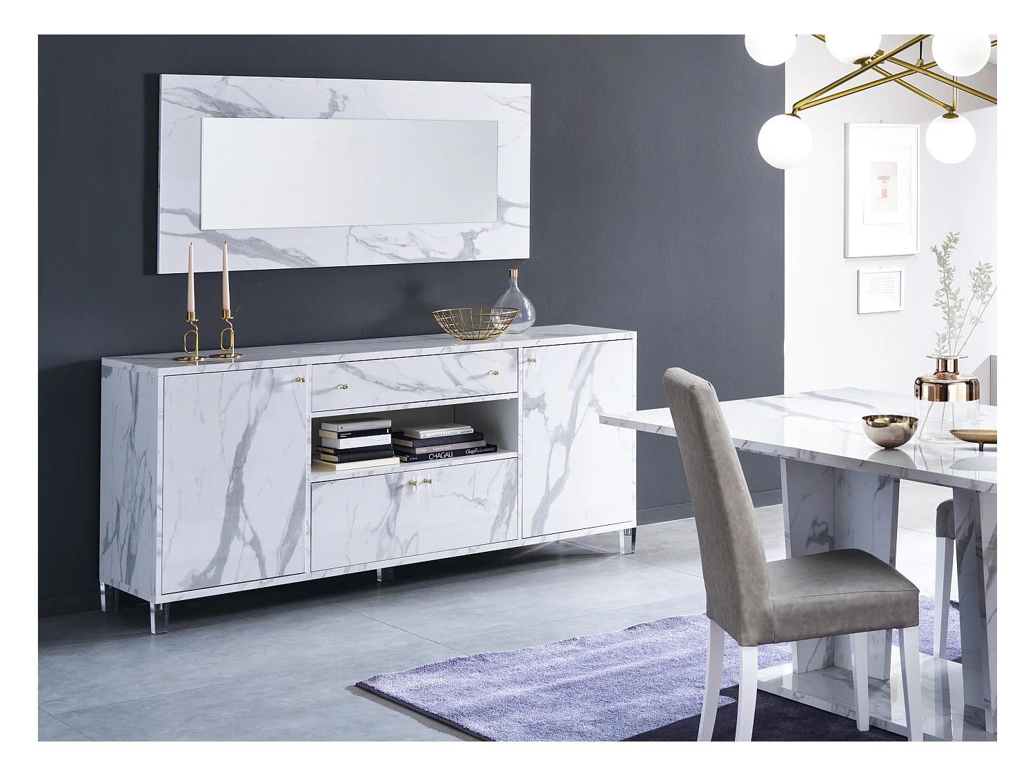 Buffet 4 portes 1 tiroir bois blanc effet marbre vernis Botela 190cm