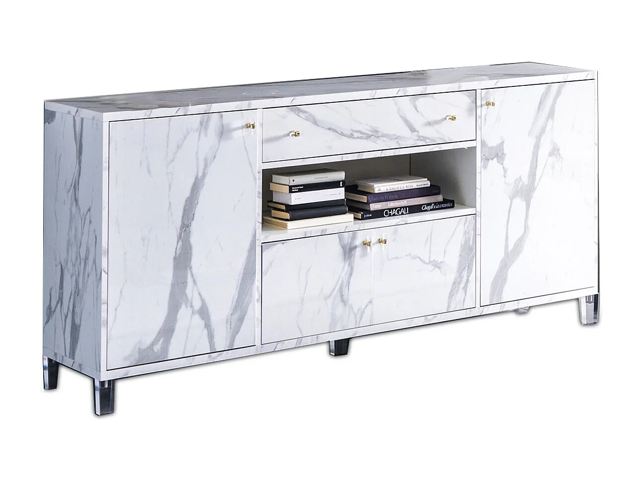 Buffet 4 portes 1 tiroir bois blanc effet marbre vernis Botela 190cm