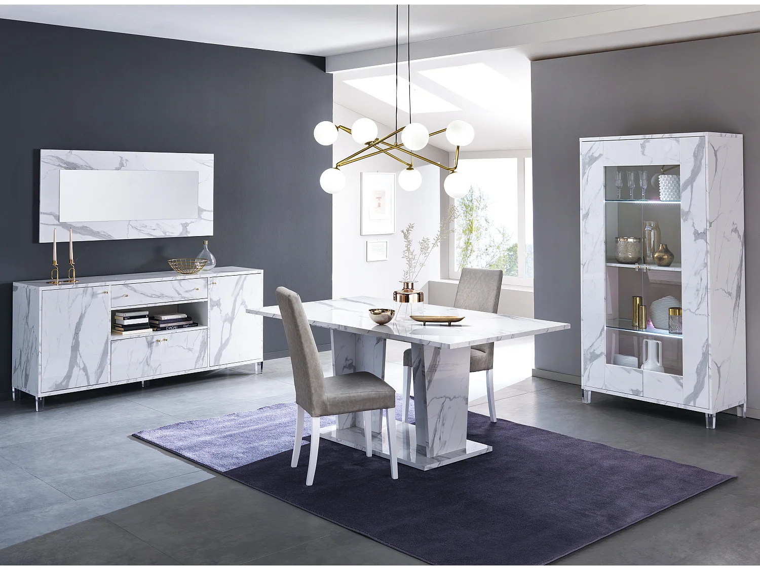 Buffet 4 portes 1 tiroir bois blanc effet marbre vernis Botela 190cm