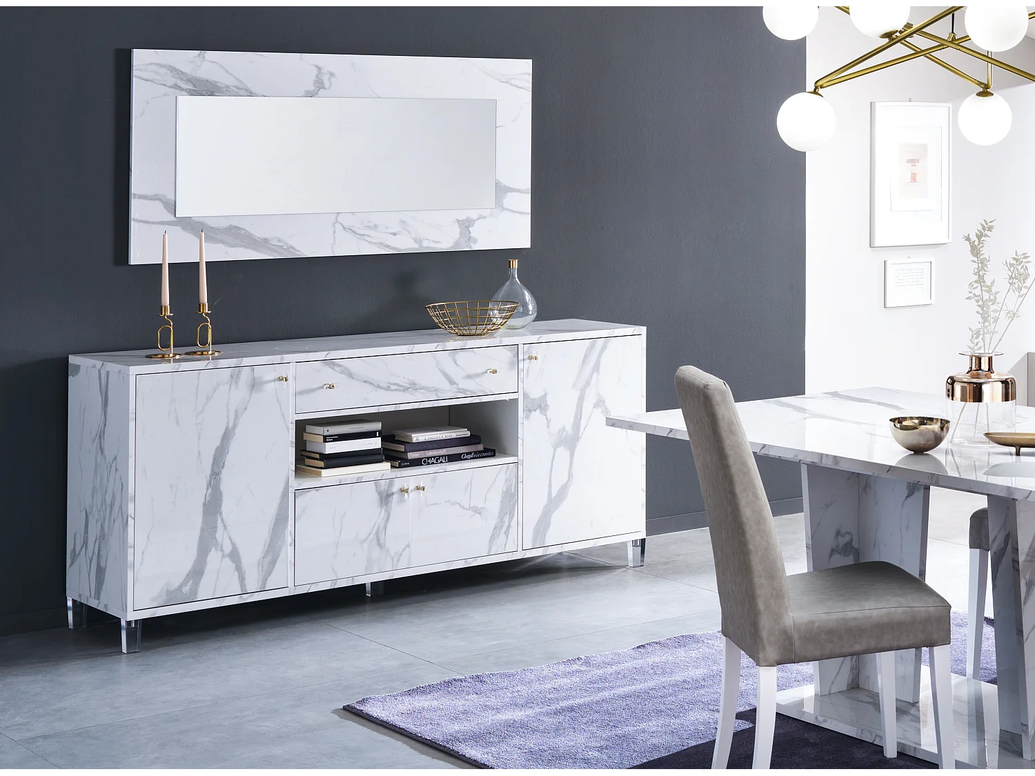 Buffet 4 portes 1 tiroir bois blanc effet marbre vernis Botela 190cm