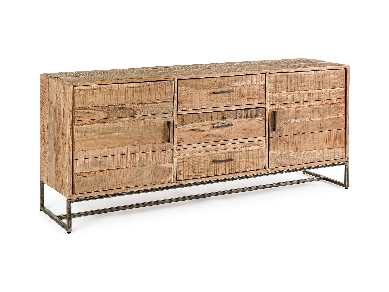 Enfilade 2 portes 3 tiroirs bois d'acacia clair et pieds acier vieilli Kadone 175cm