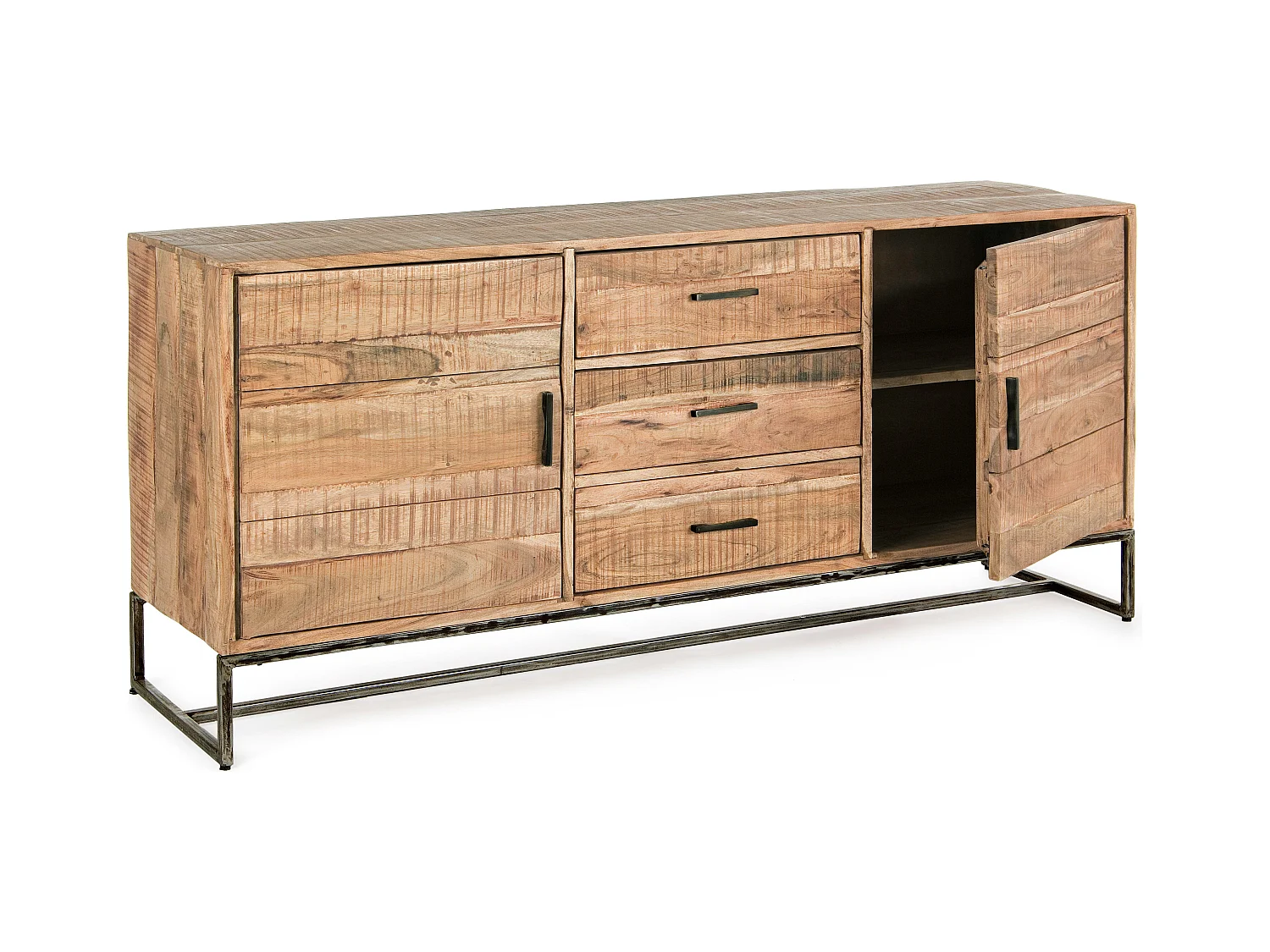 Enfilade 2 portes 3 tiroirs bois d'acacia clair et pieds acier vieilli Kadone 175cm