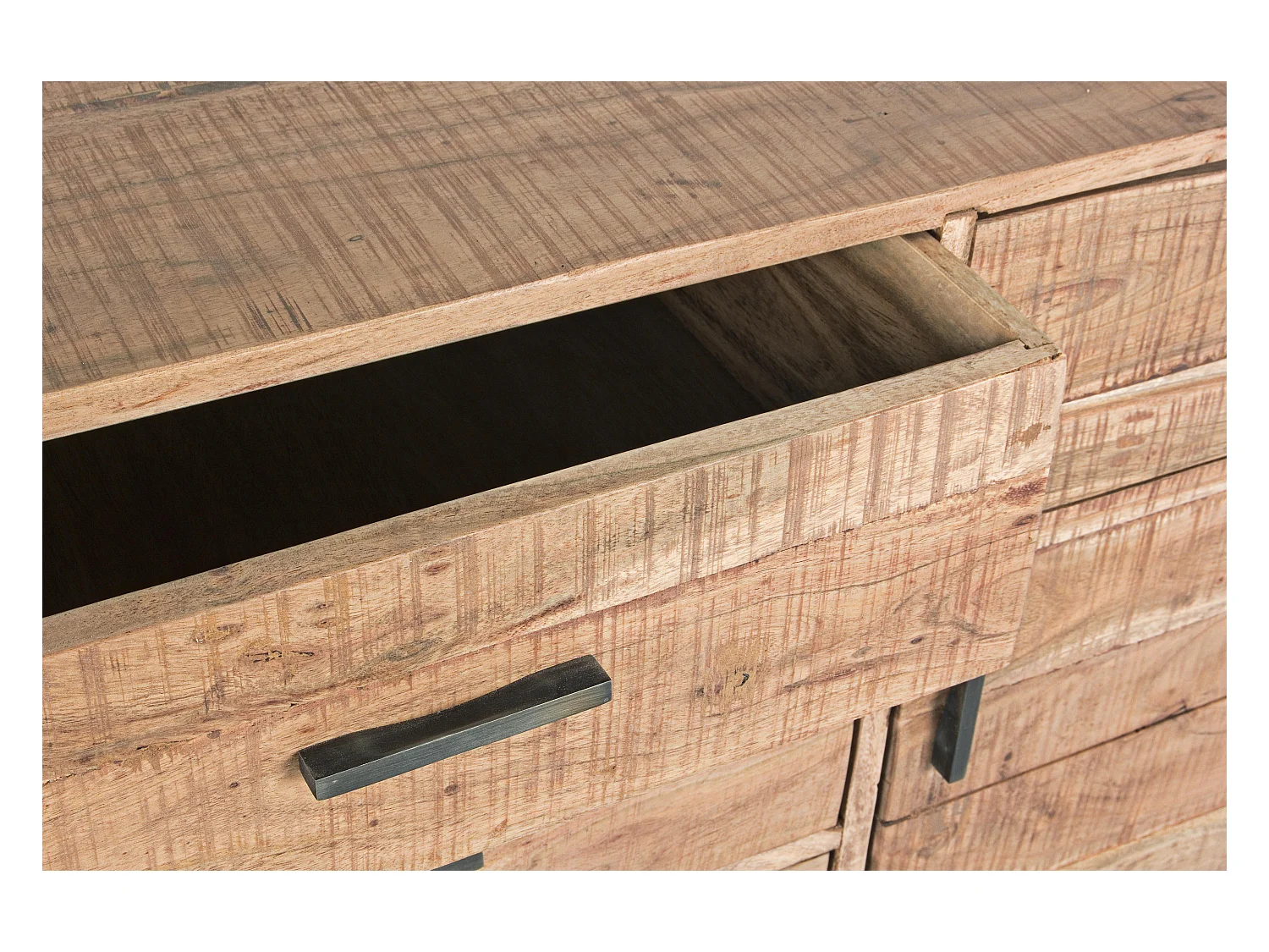 Enfilade 2 portes 3 tiroirs bois d'acacia clair et pieds acier vieilli Kadone 175cm