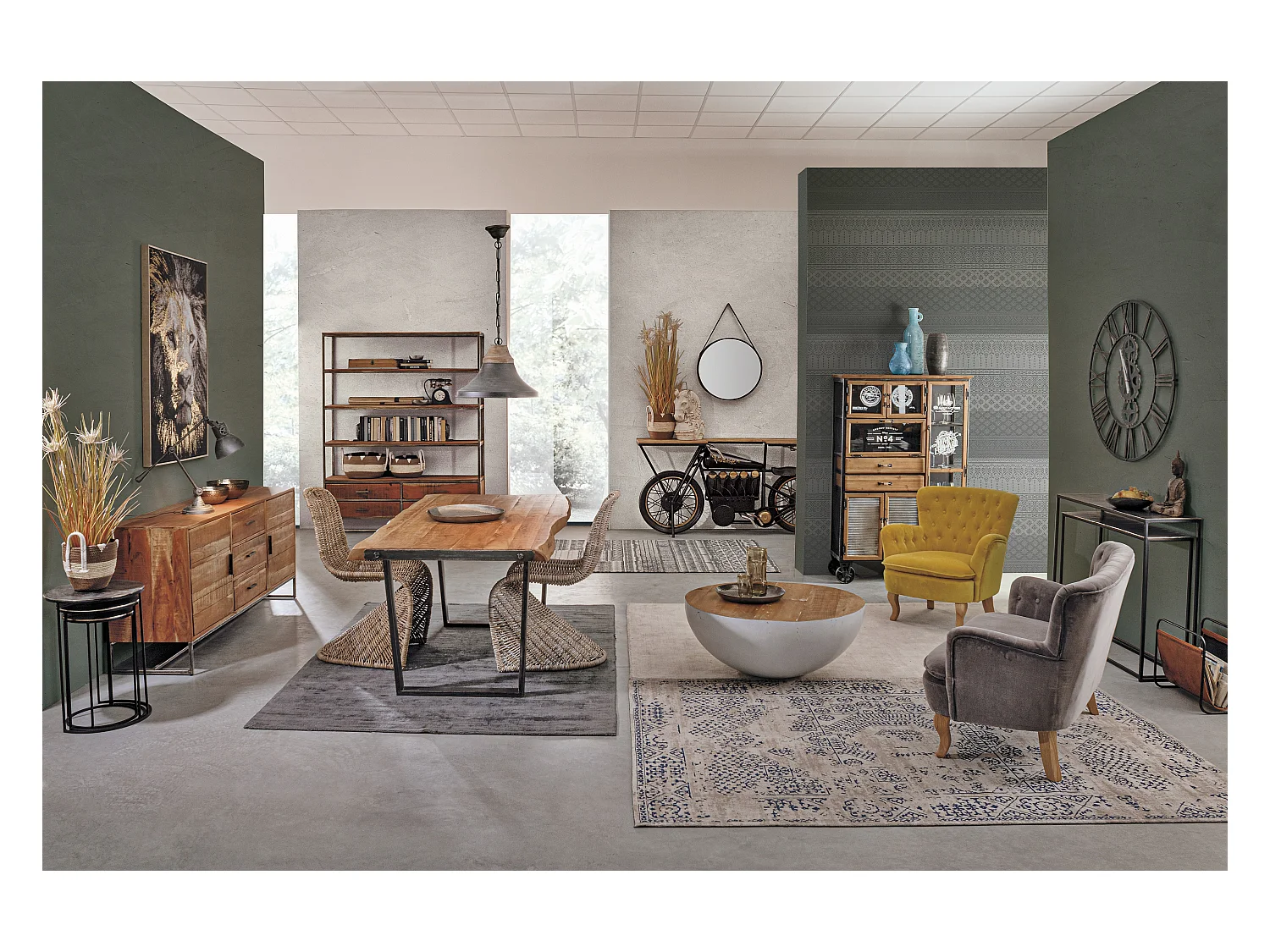 Enfilade 2 portes 3 tiroirs bois d'acacia clair et pieds acier vieilli Kadone 175cm