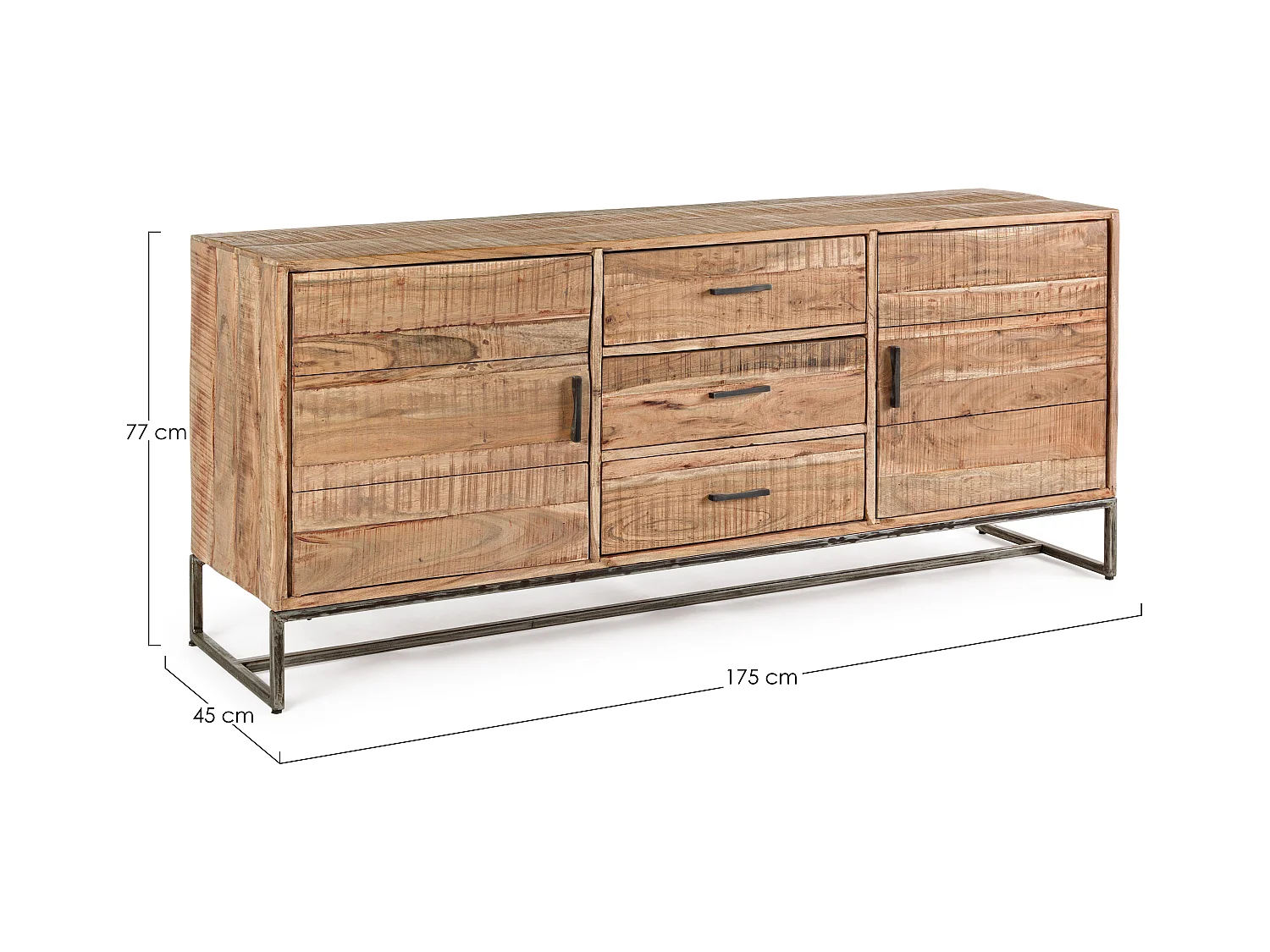 Enfilade 2 portes 3 tiroirs bois d'acacia clair et pieds acier vieilli Kadone 175cm