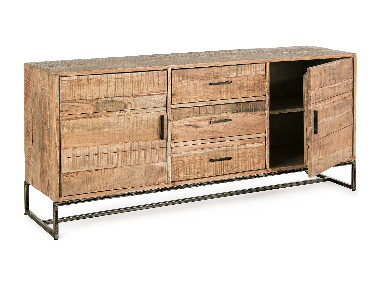 Enfilade 2 portes 3 tiroirs bois d'acacia clair et pieds acier vieilli Kadone 175cm