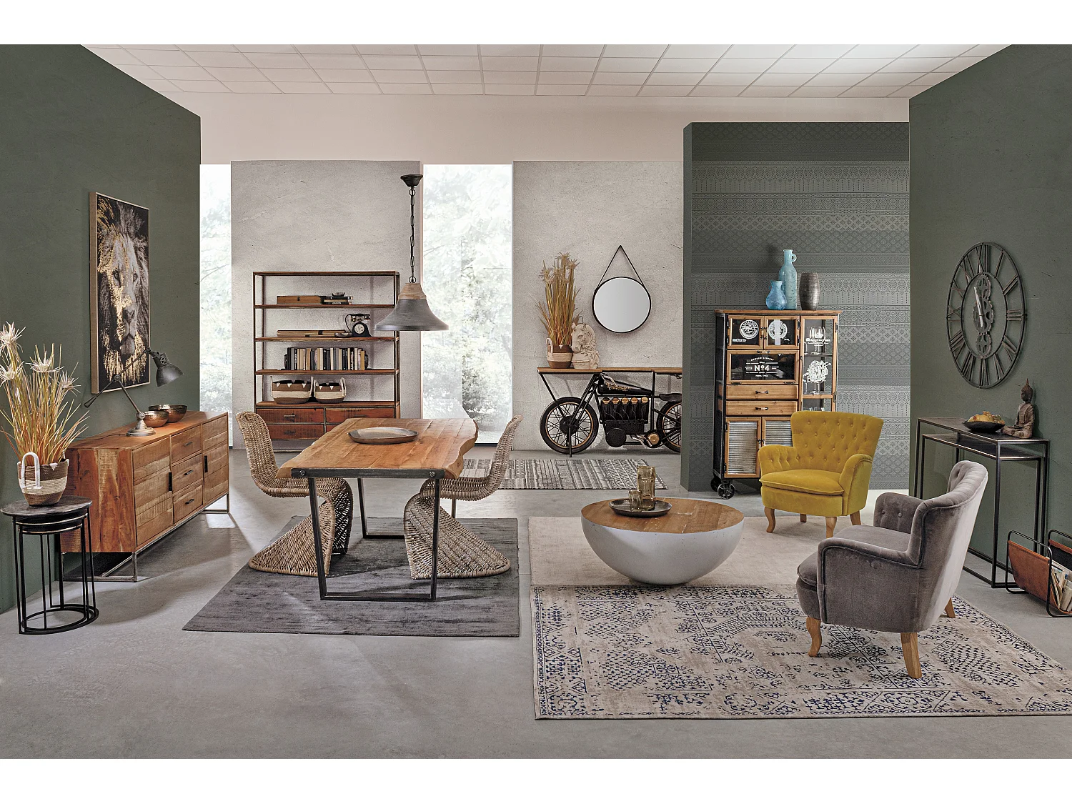 Enfilade 2 portes 3 tiroirs bois d'acacia clair et pieds acier vieilli Kadone 175cm