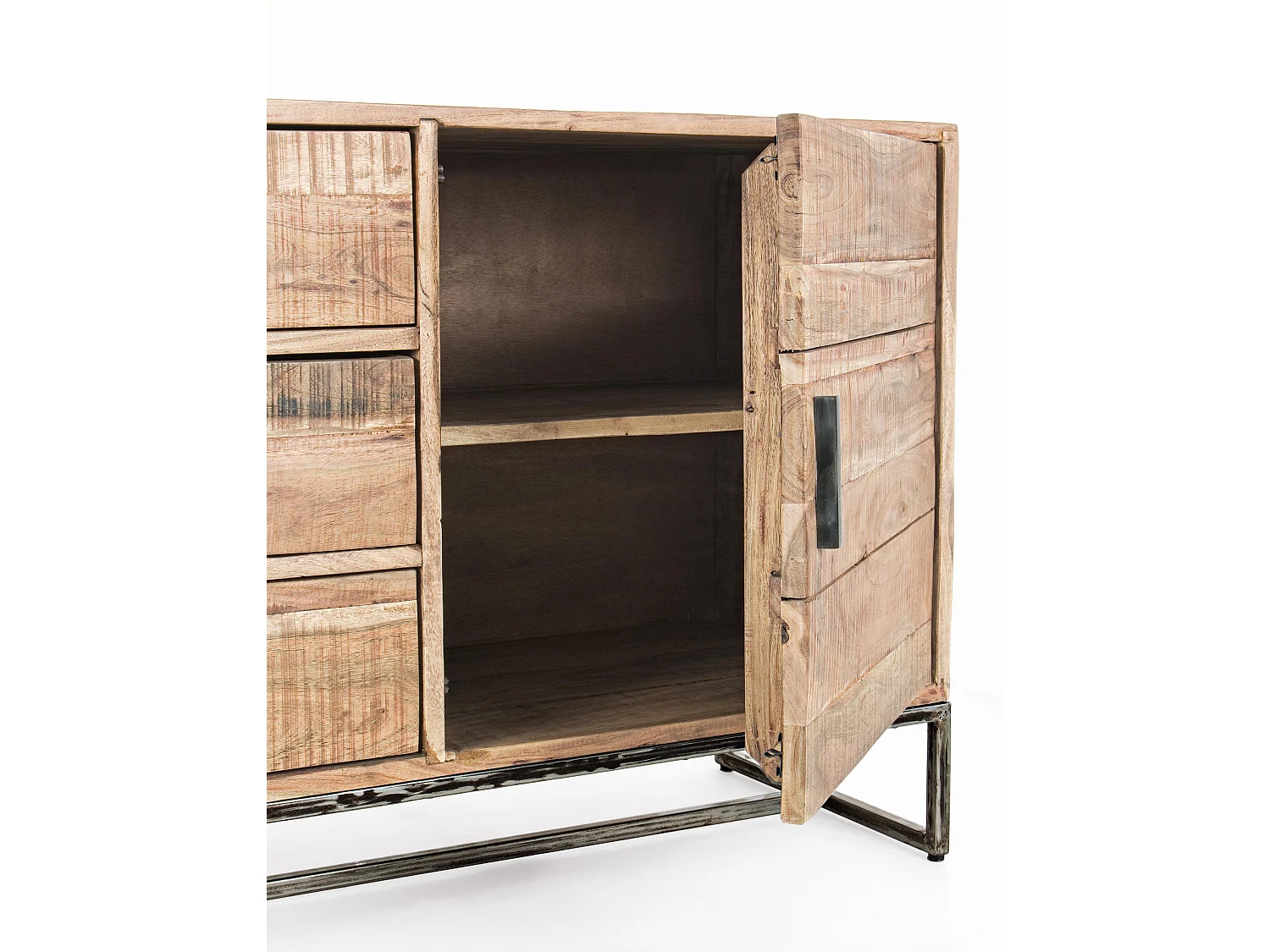 Enfilade 2 portes 3 tiroirs bois d'acacia clair et pieds acier vieilli Kadone 175cm