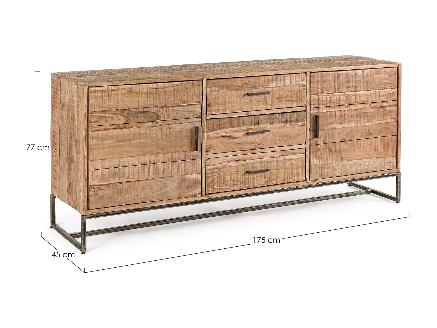 Enfilade 2 portes 3 tiroirs bois d'acacia clair et pieds acier vieilli Kadone 175cm