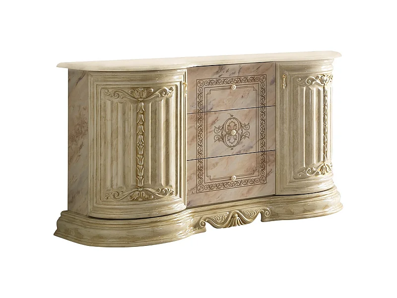 Buffet 2 portes 3 tiroirs bois vernis laqué brillant beige onyx effet marbré et doré Lesly 134cm