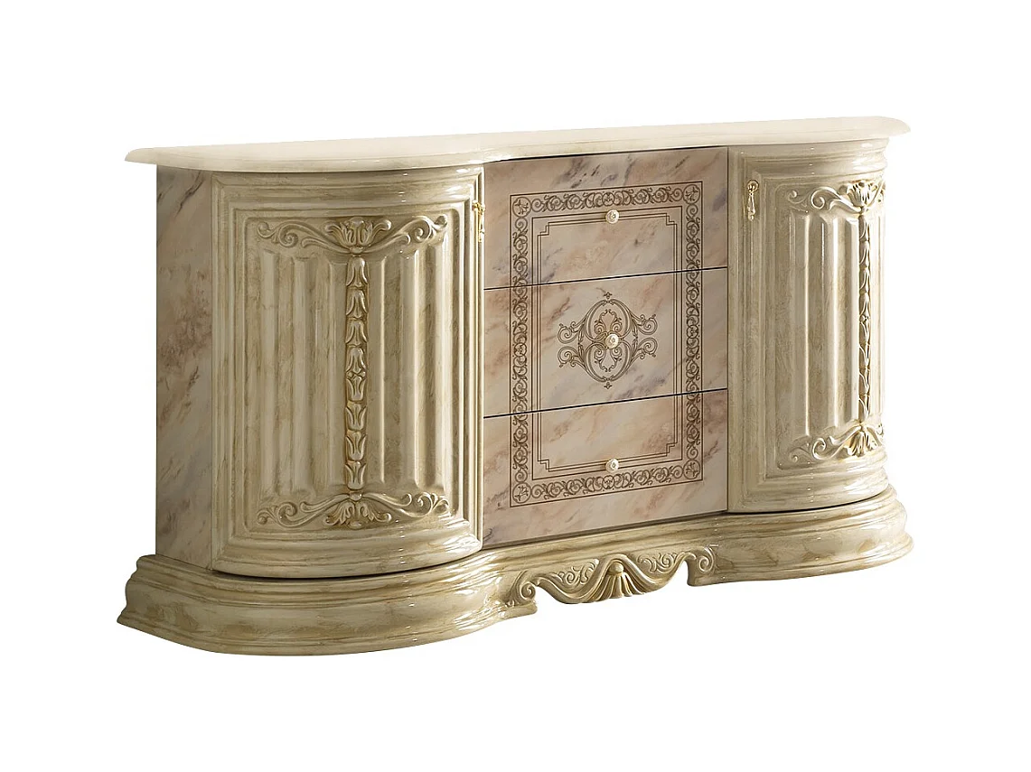 Buffet 2 portes 3 tiroirs bois vernis laqué brillant beige onyx effet marbré et doré Lesly 134cm