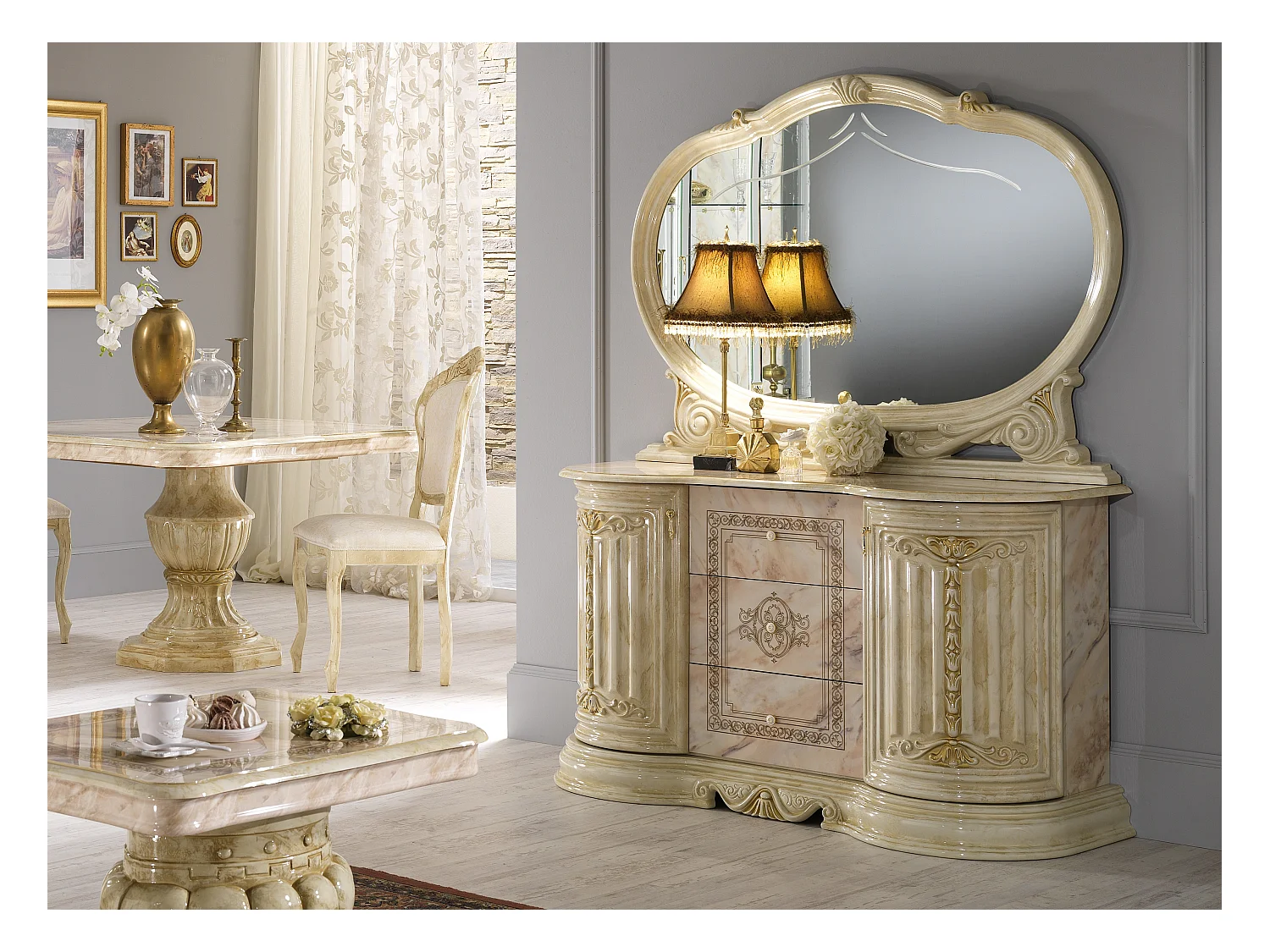 Buffet 2 portes 3 tiroirs bois vernis laqué brillant beige onyx effet marbré et doré Lesly 134cm