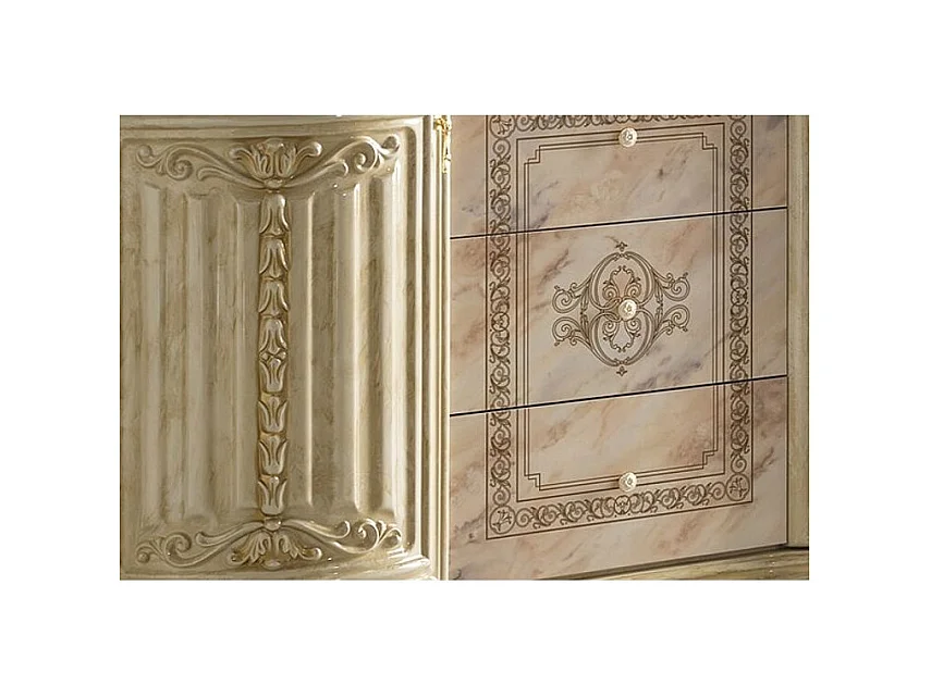 Buffet 2 portes 3 tiroirs bois vernis laqué brillant beige onyx effet marbré et doré Lesly 134cm