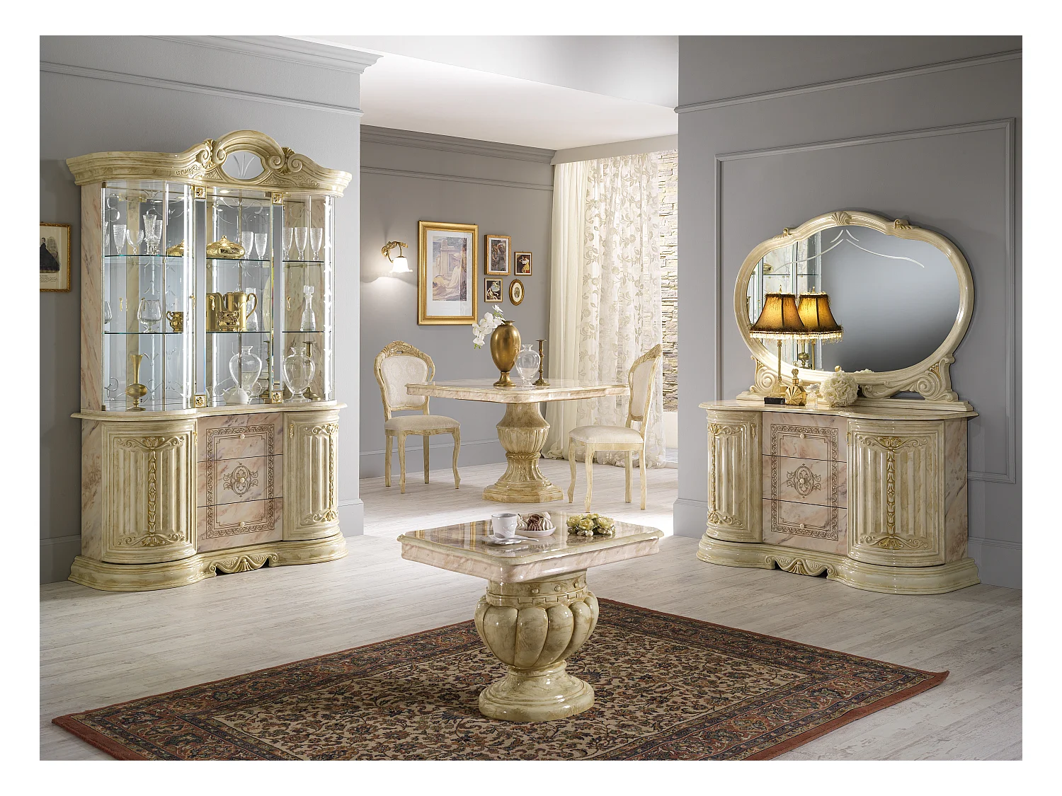Buffet 2 portes 3 tiroirs bois vernis laqué brillant beige onyx effet marbré et doré Lesly 134cm