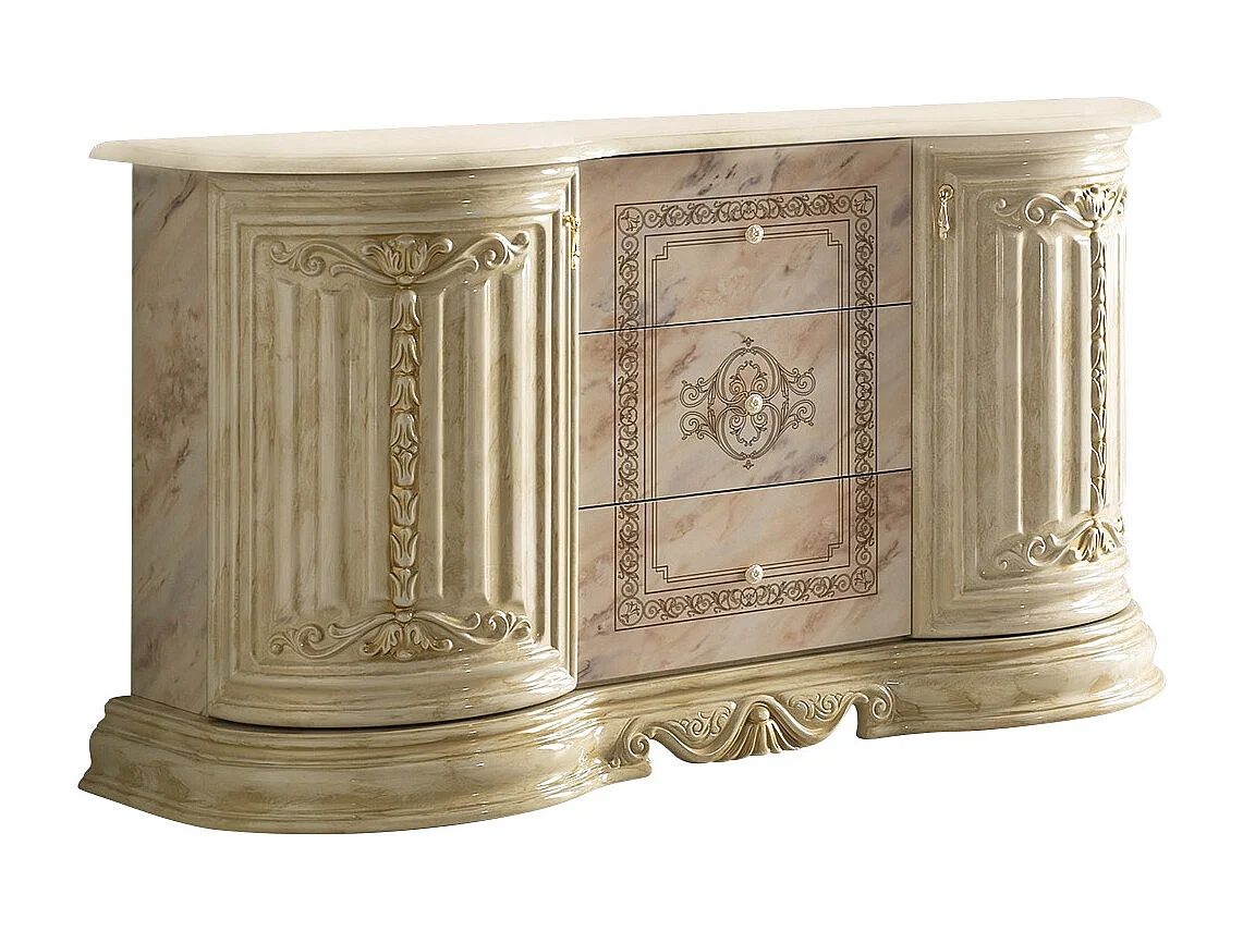 Buffet 2 portes 3 tiroirs bois vernis laqué brillant beige onyx effet marbré et doré Lesly 134cm