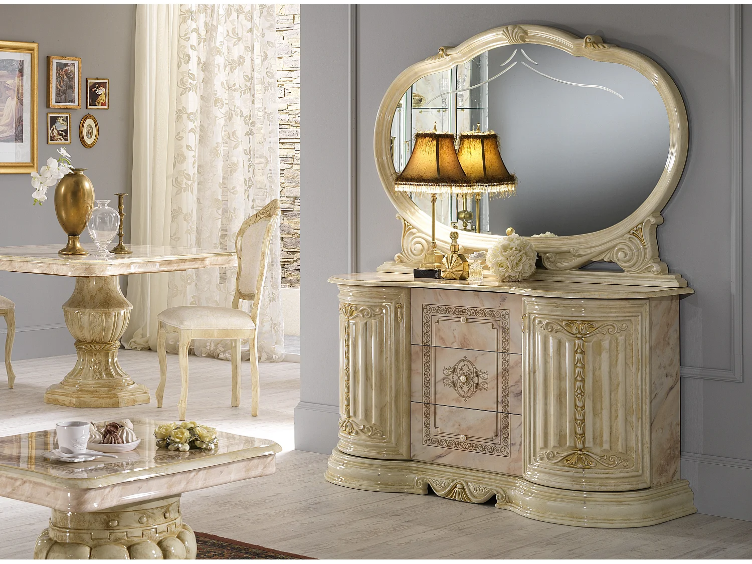 Buffet 2 portes 3 tiroirs bois vernis laqué brillant beige onyx effet marbré et doré Lesly 134cm