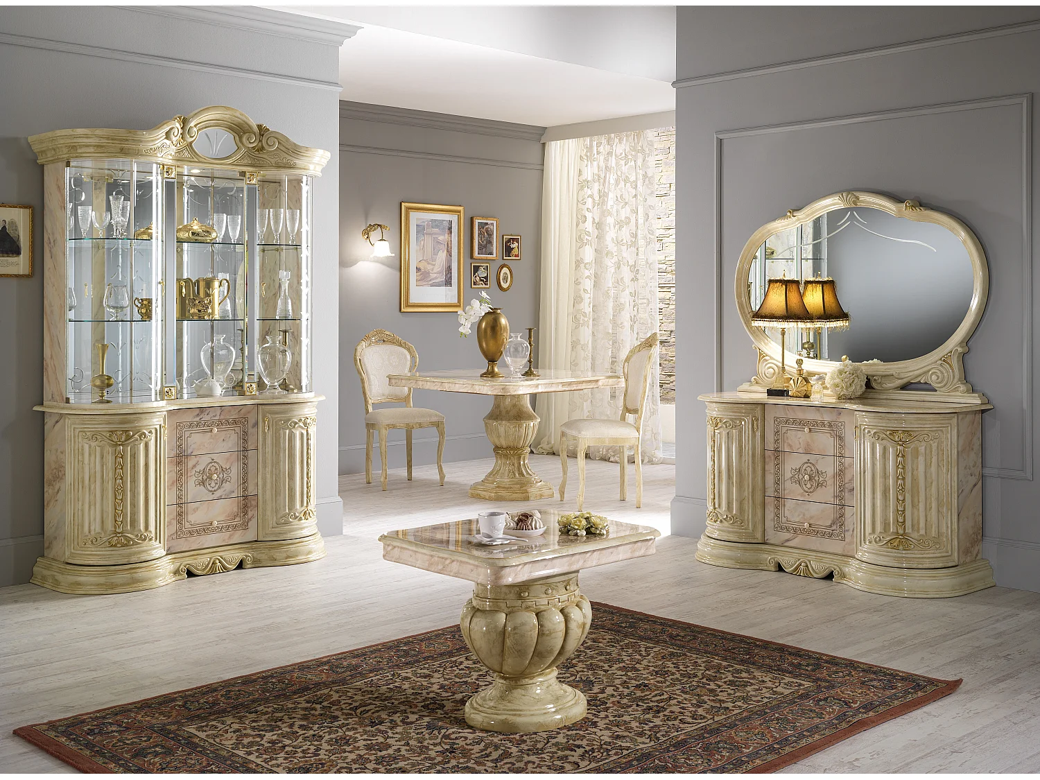 Buffet 2 portes 3 tiroirs bois vernis laqué brillant beige onyx effet marbré et doré Lesly 134cm