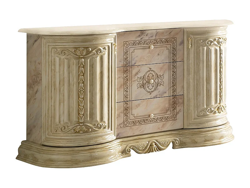 Buffet 2 portes 3 tiroirs bois vernis laqué brillant beige onyx effet marbré et doré Lesly 134cm