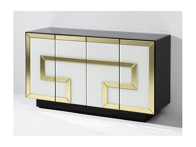 Buffet 4 portes verre noir et blanc décor doré
