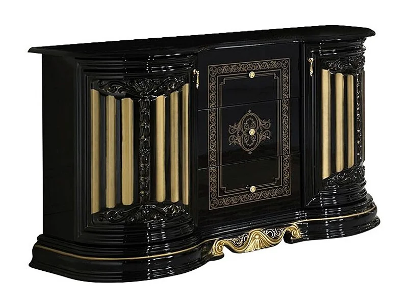 Buffet 2 portes 3 tiroirs bois vernis laqué brillant noir et doré Lesly 134cm