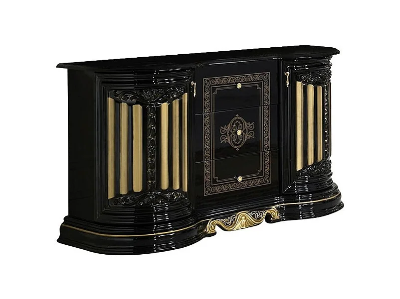 Buffet 2 portes 3 tiroirs bois vernis laqué brillant noir et doré Lesly 134cm