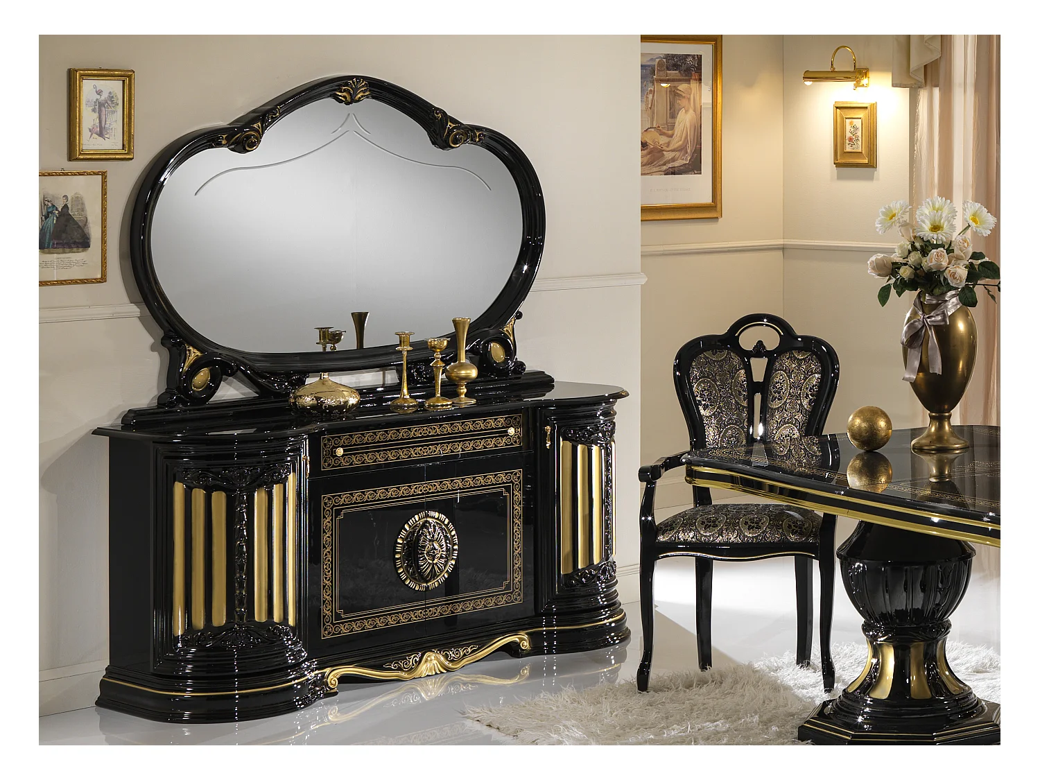 Buffet 2 portes 3 tiroirs bois vernis laqué brillant noir et doré Lesly 134cm