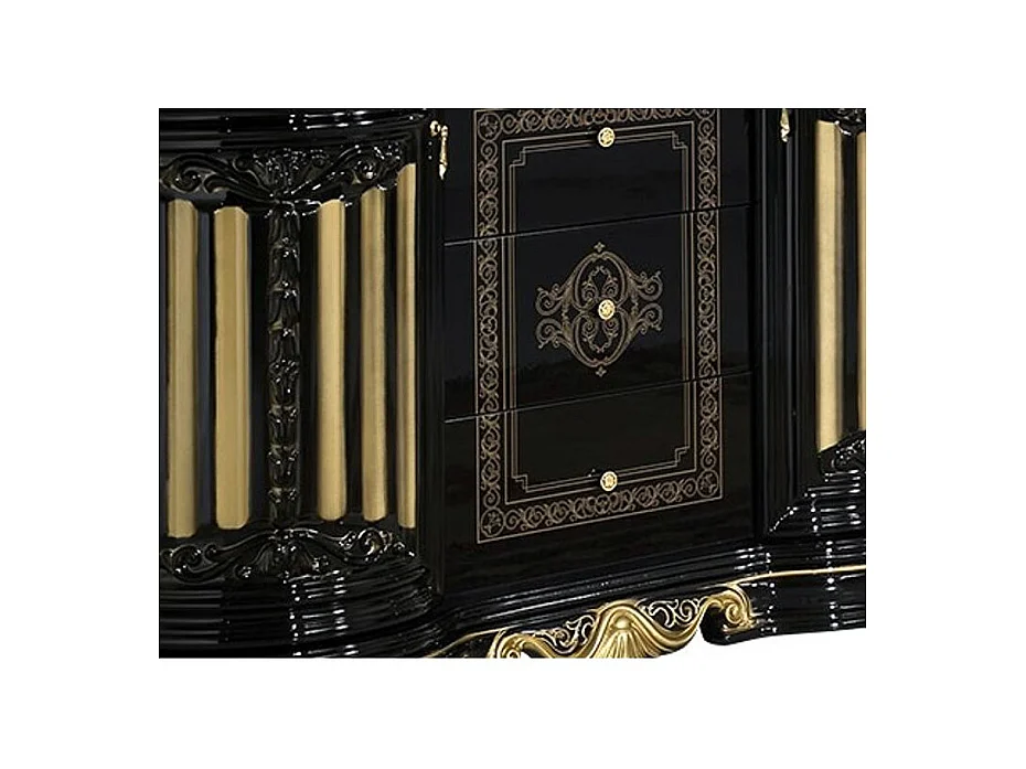 Buffet 2 portes 3 tiroirs bois vernis laqué brillant noir et doré Lesly 134cm