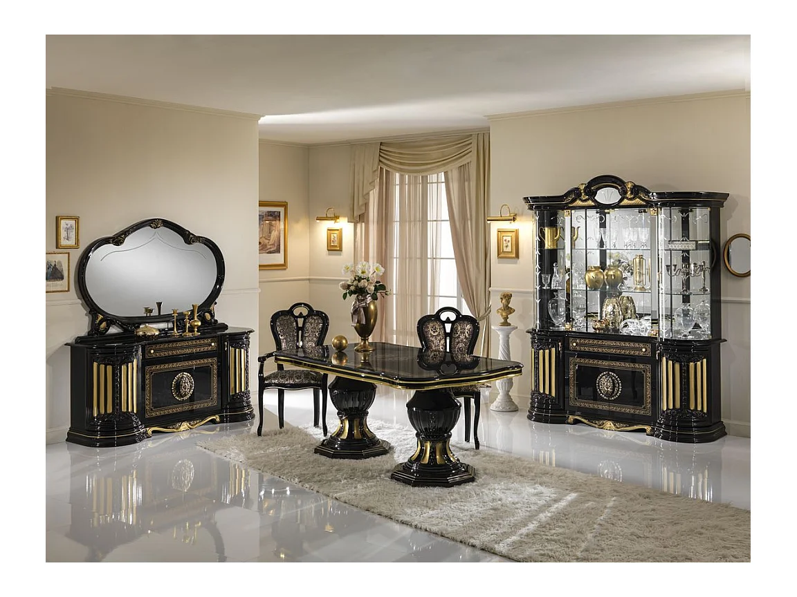 Buffet 2 portes 3 tiroirs bois vernis laqué brillant noir et doré Lesly 134cm