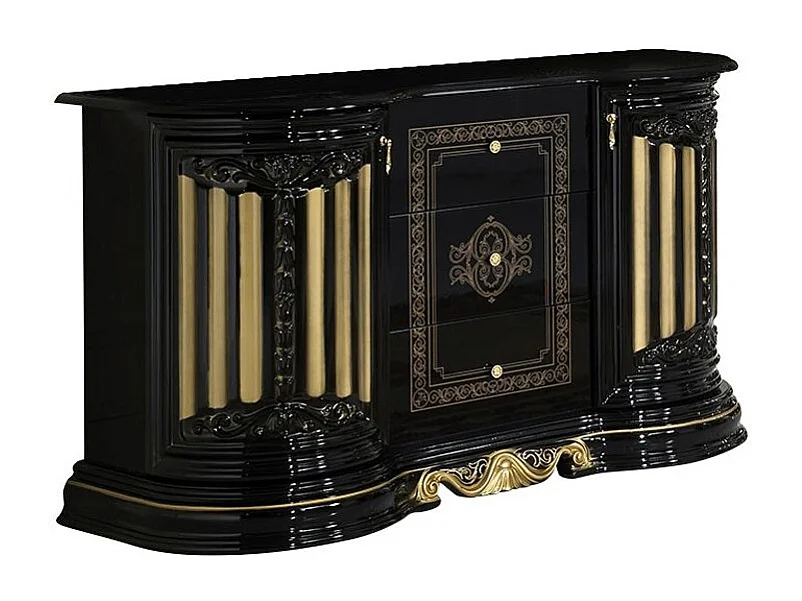 Aparador Lesly de 134 cm con 2 puertas y 3 cajones en madera lacada en negro brillante y dorado