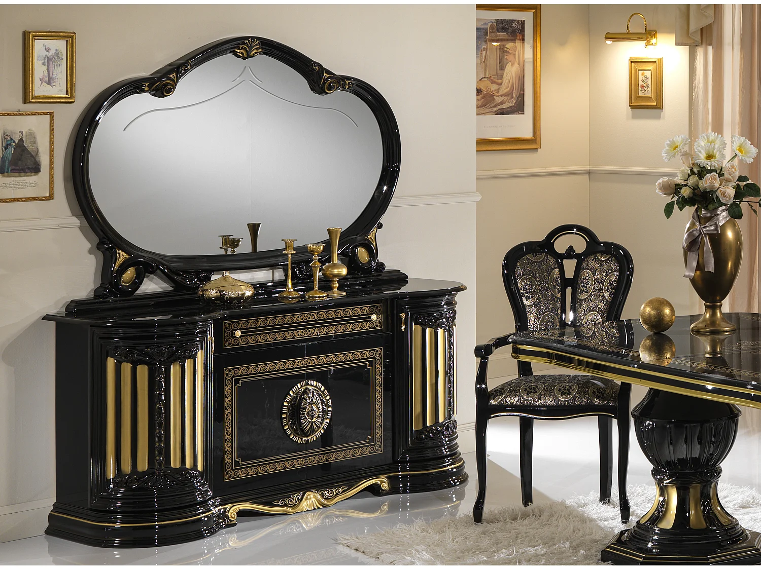 Aparador Lesly de 134 cm con 2 puertas y 3 cajones en madera lacada en negro brillante y dorado