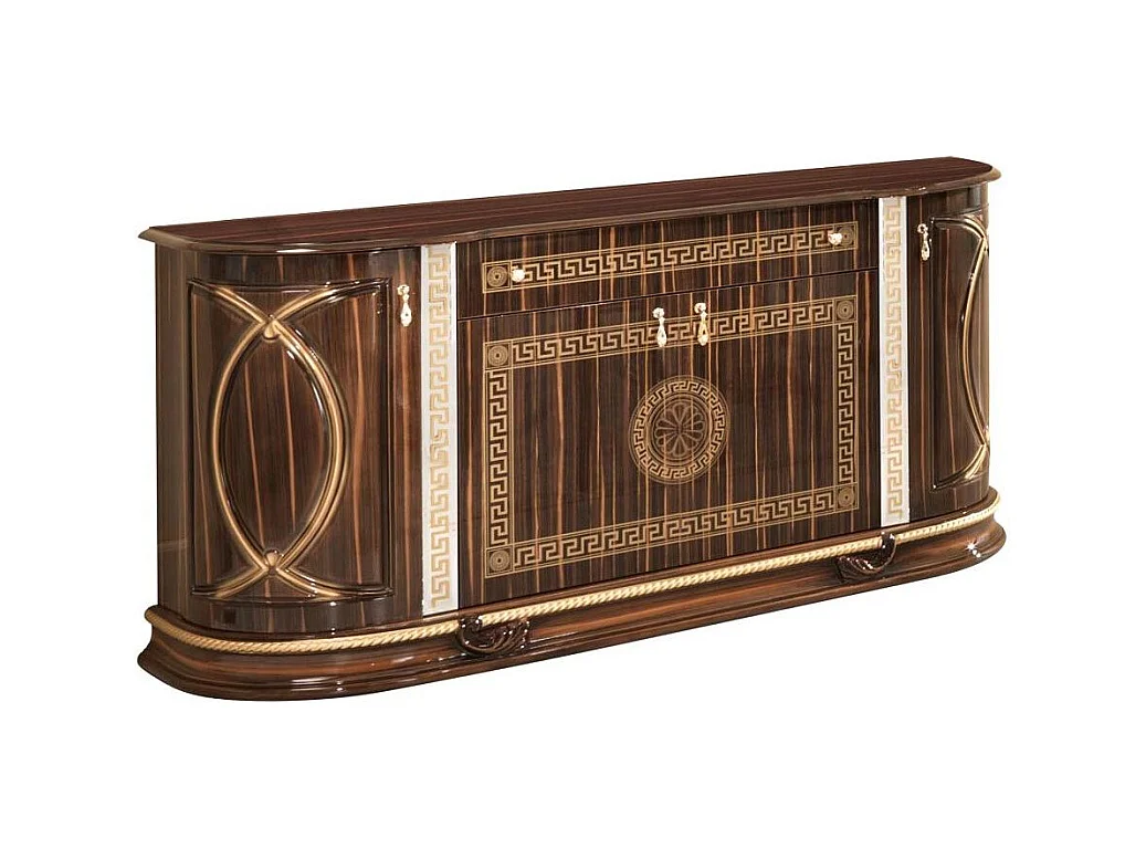 Buffet 4 portes 1 tiroir bois vernis laqué brillant marron et doré Venus 163cm