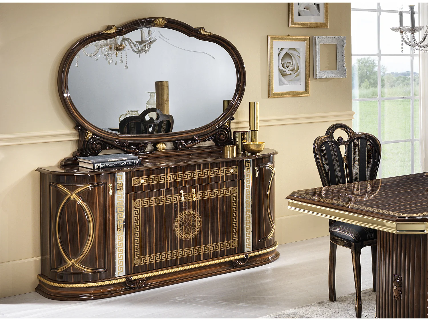 Aparador Venus de 163 cm con 4 puertas y 1 cajón en madera lacada en marrón brillante y dorado