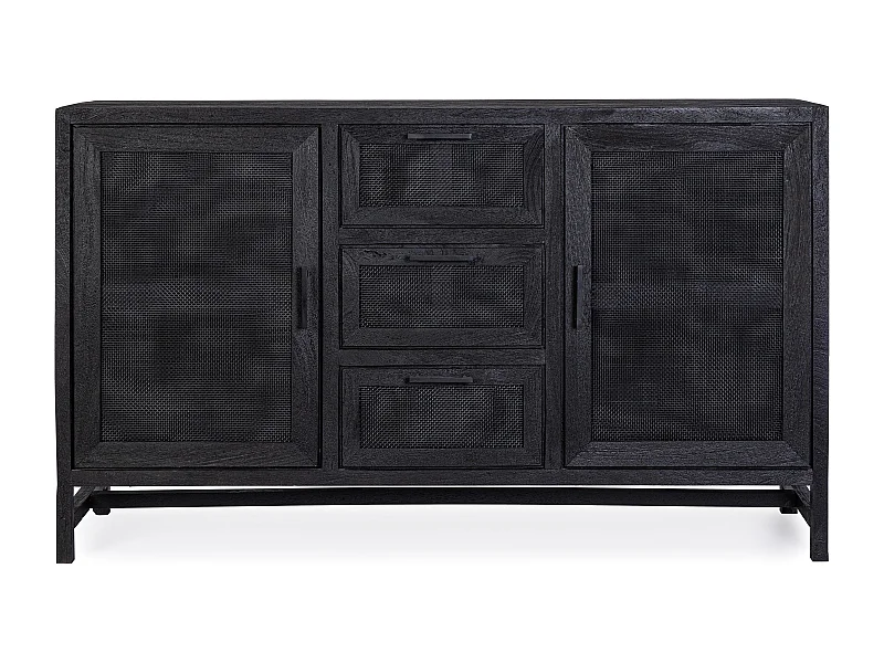 Buffet 2 portes 3 tiroirs en bois massif noir de manguier et rotin noir Waky 150cm