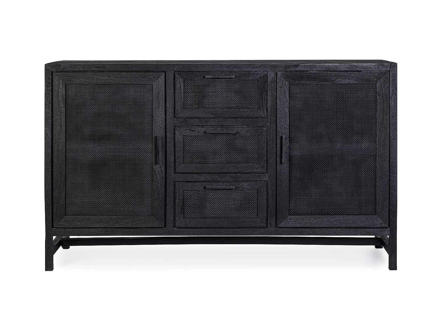 Buffet 2 portes 3 tiroirs en bois massif noir de manguier et rotin noir Waky 150cm