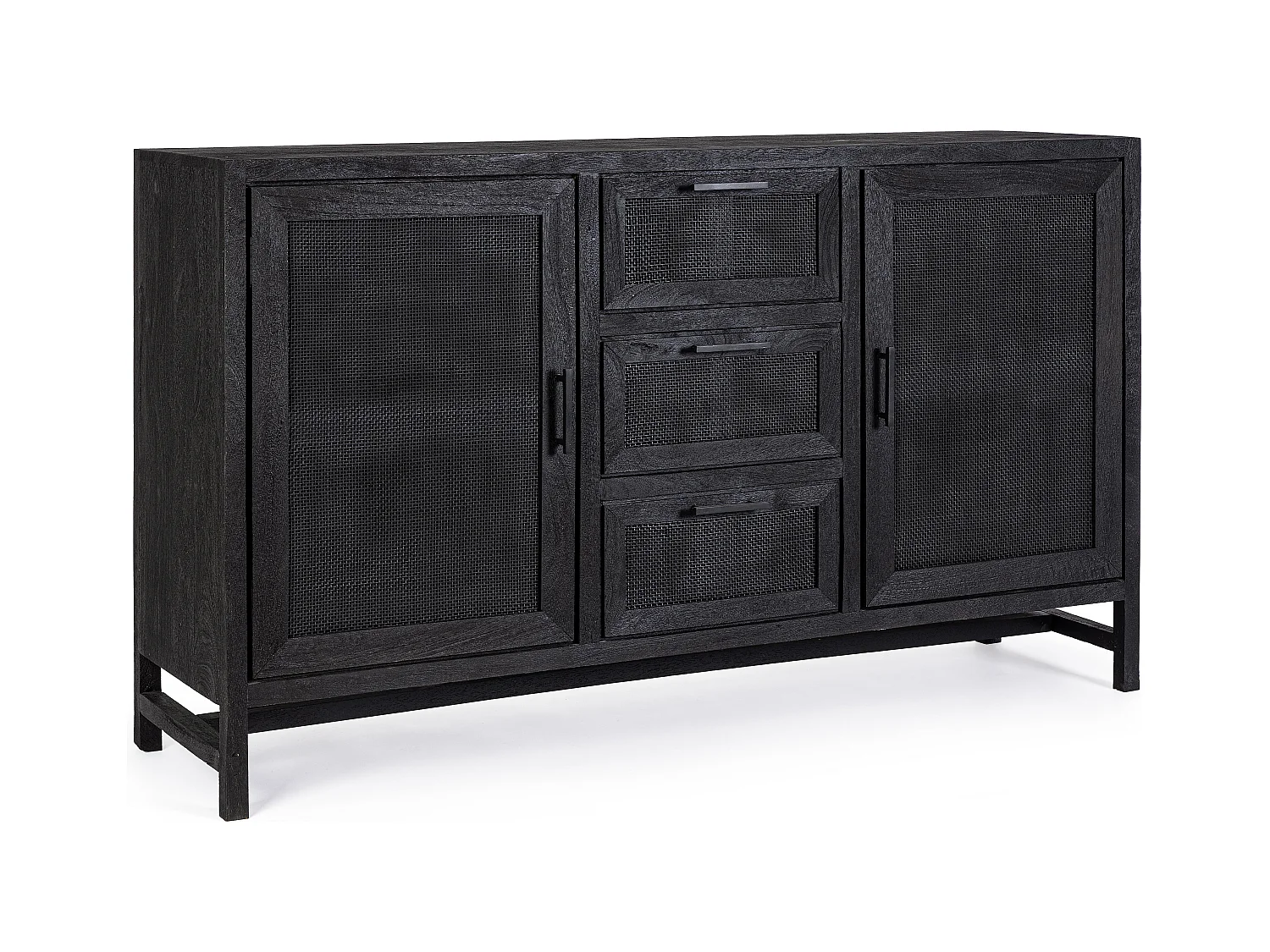 Buffet 2 portes 3 tiroirs en bois massif noir de manguier et rotin noir Waky 150cm