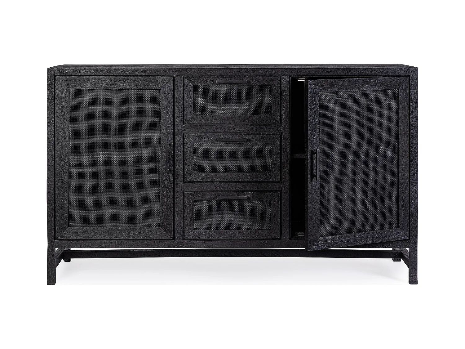 Buffet 2 portes 3 tiroirs en bois massif noir de manguier et rotin noir Waky 150cm