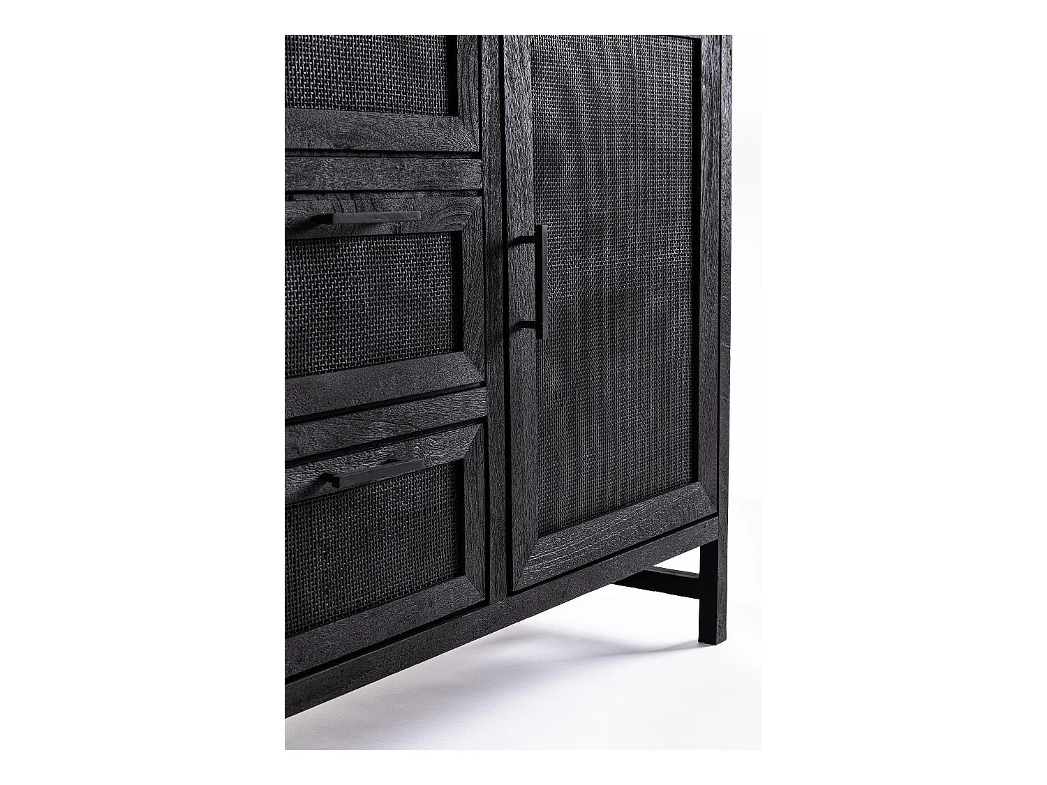 Buffet 2 portes 3 tiroirs en bois massif noir de manguier et rotin noir Waky 150cm