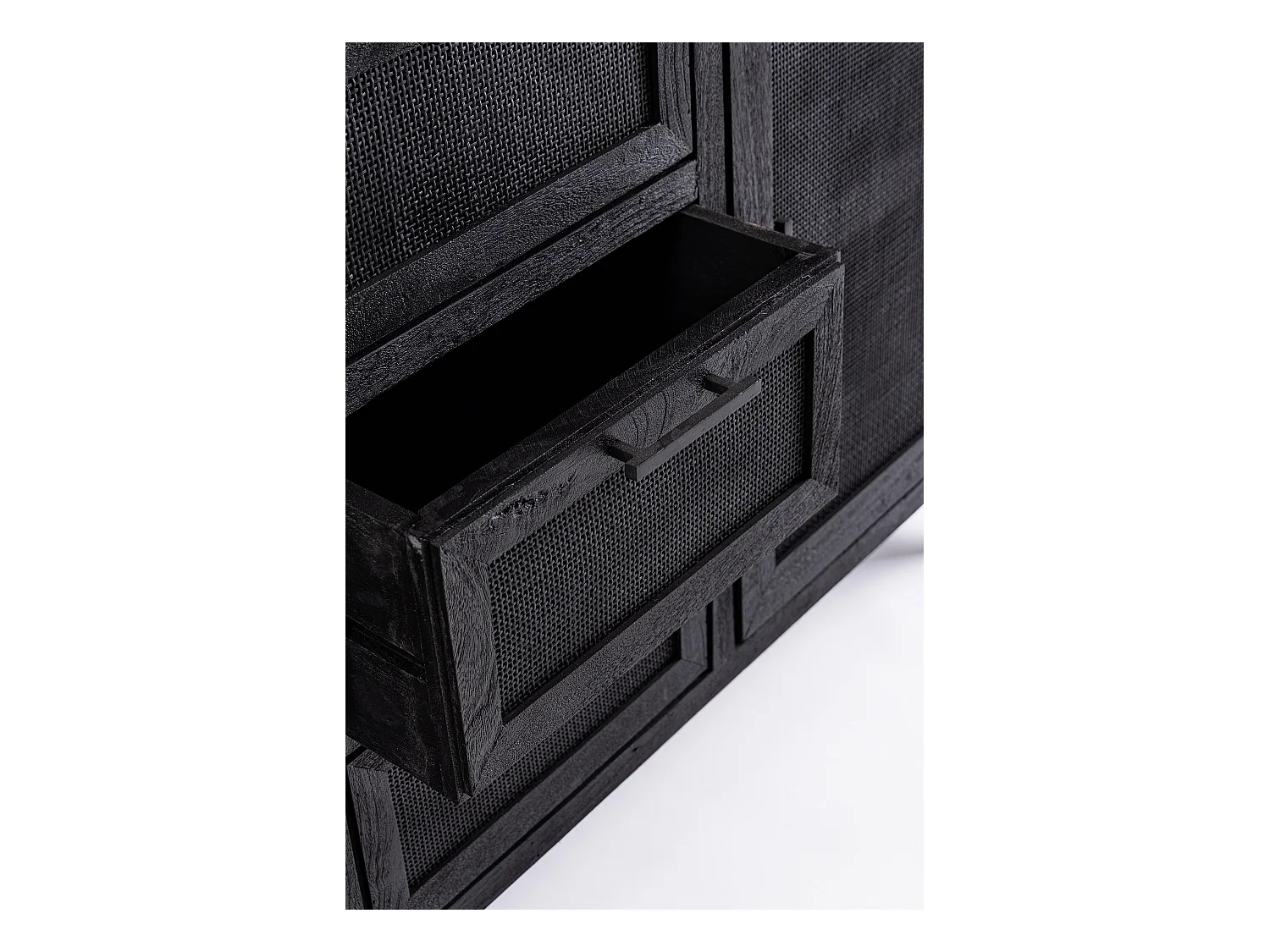 Buffet 2 portes 3 tiroirs en bois massif noir de manguier et rotin noir Waky 150cm
