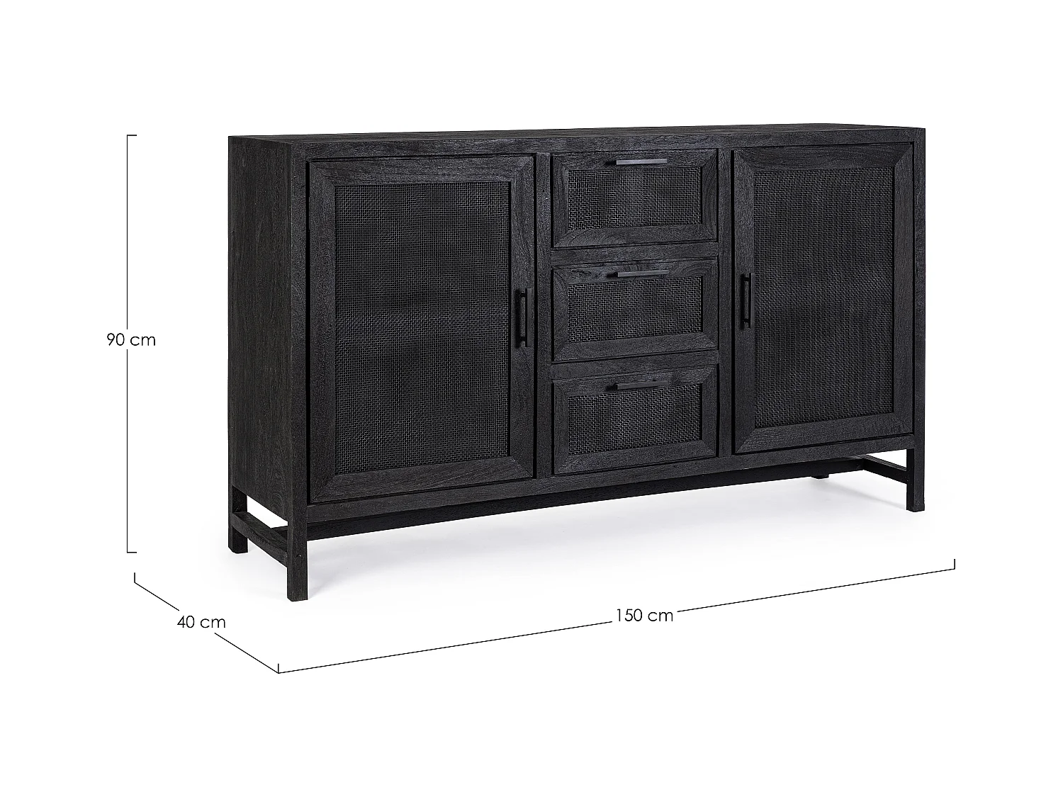Buffet 2 portes 3 tiroirs en bois massif noir de manguier et rotin noir Waky 150cm