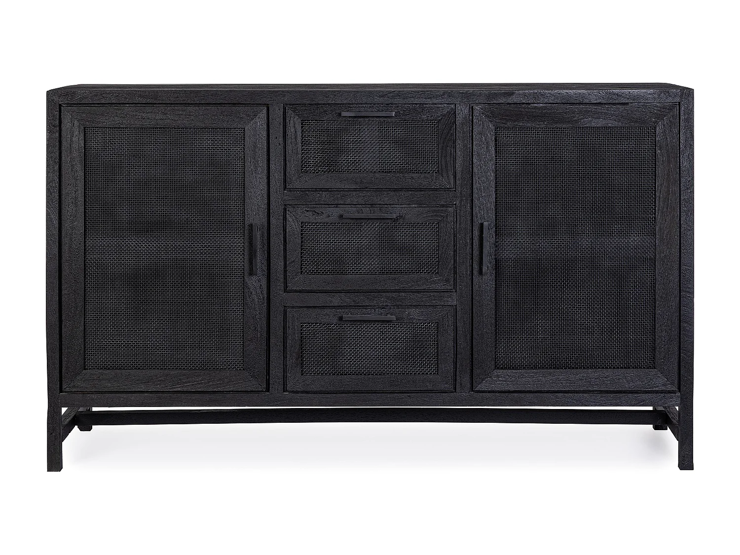 Buffet 2 portes 3 tiroirs en bois massif noir de manguier et rotin noir Waky 150cm