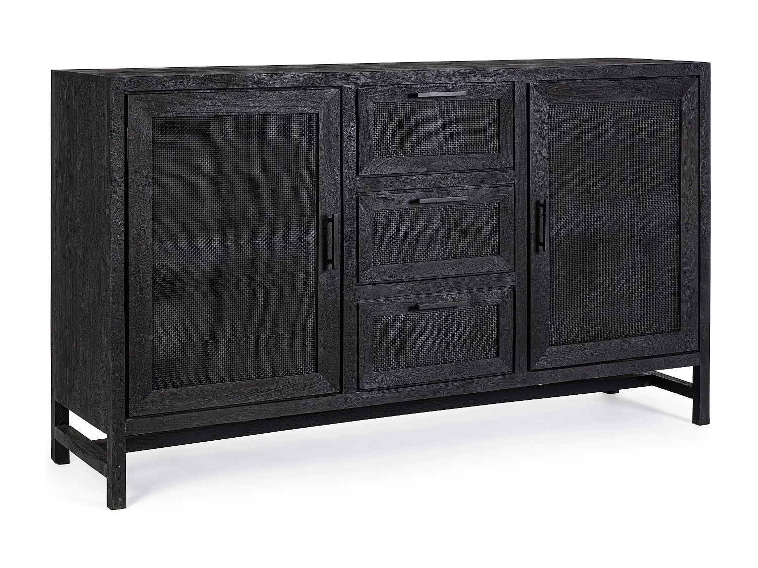 Buffet 2 portes 3 tiroirs en bois massif noir de manguier et rotin noir Waky 150cm