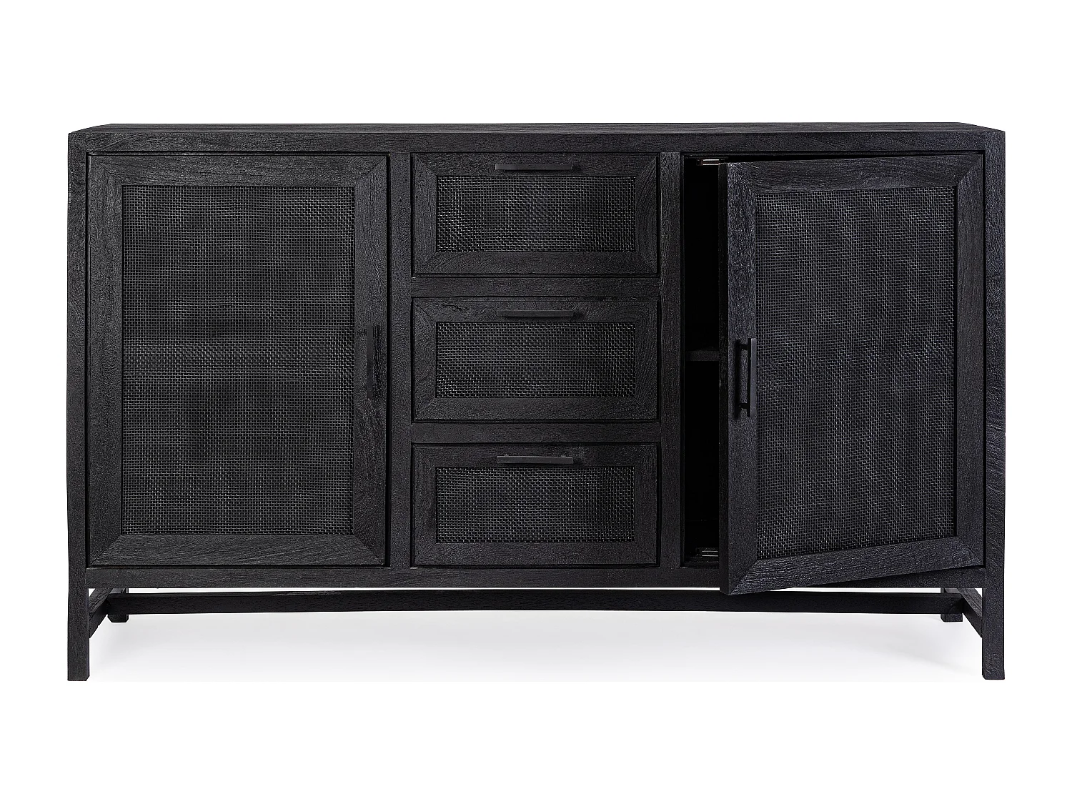 Buffet 2 portes 3 tiroirs en bois massif noir de manguier et rotin noir Waky 150cm