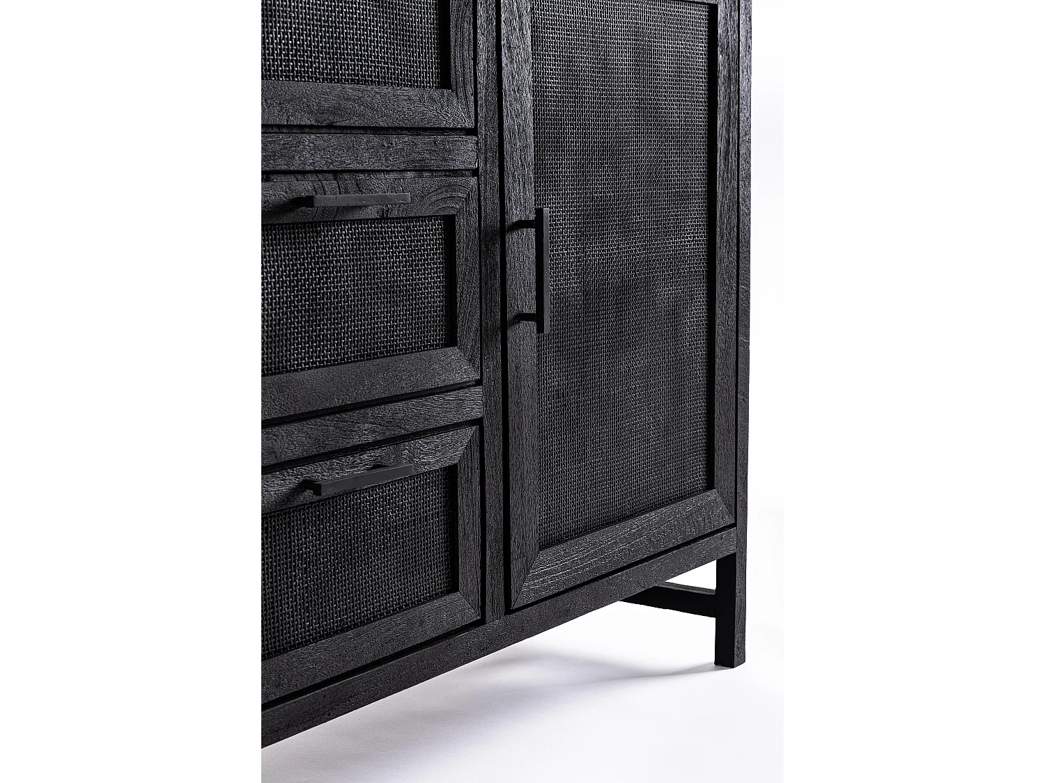 Buffet 2 portes 3 tiroirs en bois massif noir de manguier et rotin noir Waky 150cm