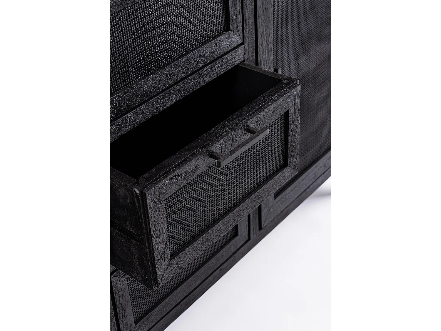 Buffet 2 portes 3 tiroirs en bois massif noir de manguier et rotin noir Waky 150cm