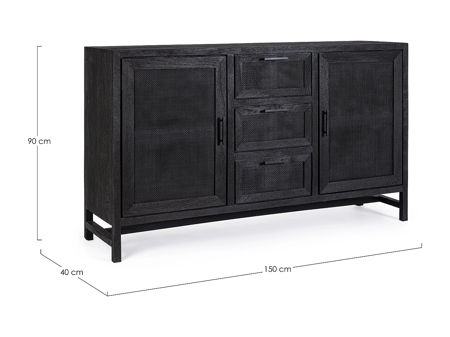 Buffet 2 portes 3 tiroirs en bois massif noir de manguier et rotin noir Waky 150cm