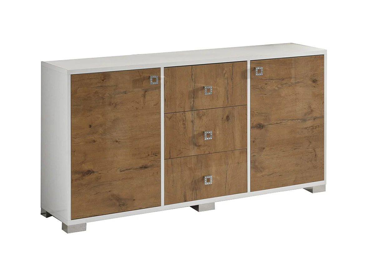 Buffet moderne 2 portes 3 tiroirs bois Oak et blanc brillant Sting 160cm